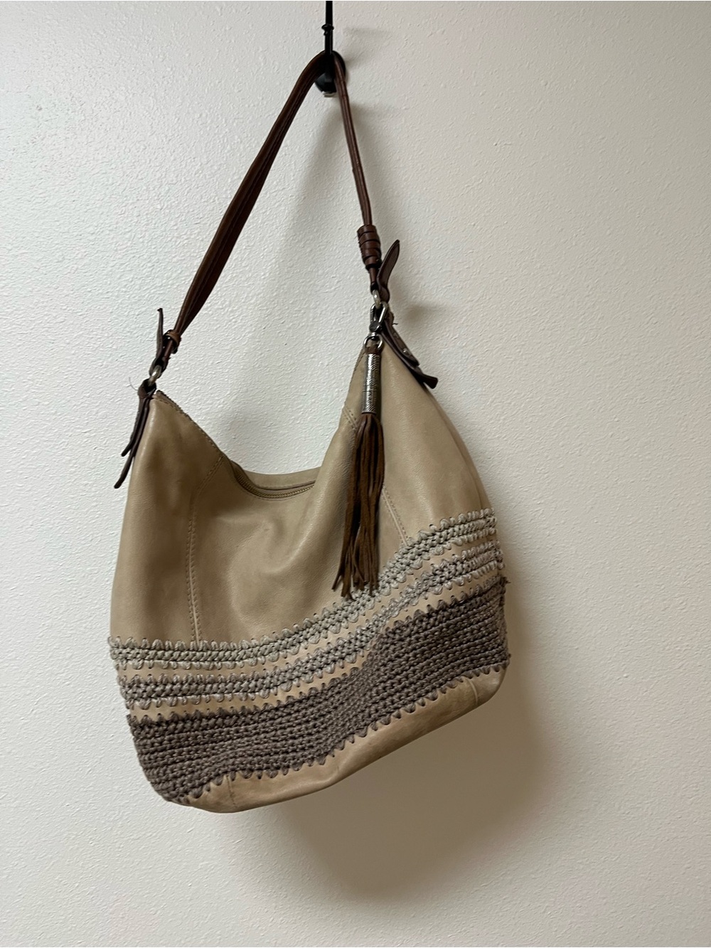 The Sak Beige & Brown Shoulder leather Hobo with Woven Trim